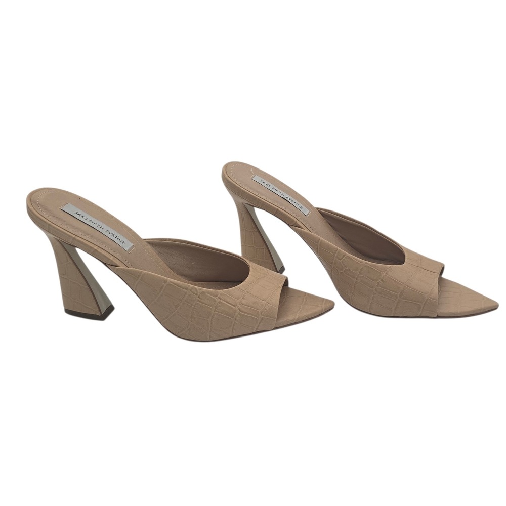 Saks Fifth Avenue Nude Croc Mule 8 Sculptural Block Heel‎ Quiet Luxury Slide